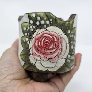 Hand Painted Rose Ceramic Planter, Cottage Garden Art Pot, Floral Handmade Pottery Decor, Romantic Pink Rose Pot