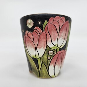 Hand-Painted Pink Tulip Mini Planter, Tiny Ceramic Flower Pot, Small Succulent Planter, Handmade Pottery