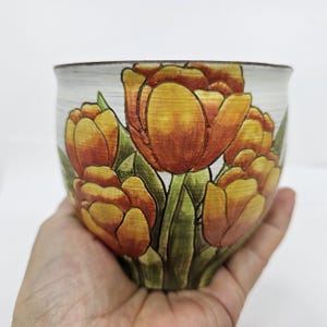 Hand-Painted Orange Tulip Ceramic Planter, Floral Art Pot, Handmade Spring Decor