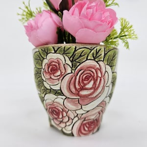 Rosa Rose Sukkulenten Pflanzer, handbemalte Keramik Blumentopf, Cottage Garten Mini Pflanzer, romantische Keramik Dekor