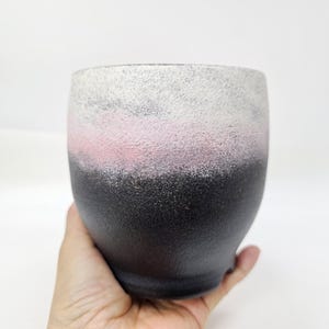Handmade Ceramic Planter, Black Slip Textured Pottery, Pink White Accents, Small Artisan Pot