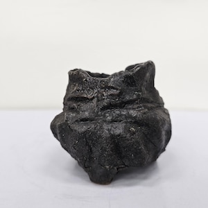 Könnte beinhalten: Ein dunkler, holzkohlefarbener, strukturierter Keramiktopf mit unregelmäßiger, organischer Form. Der Topf hat eine raue, unebene Oberfläche und einen kleinen, abgerundeten Boden. Der Rand des Topfes ist ebenfalls uneben, was zu seiner natürlichen Ästhetik beiträgt. Der Topf wird wahrscheinlich für Pflanzen oder Dekorationszwecke verwendet.