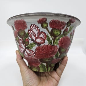 Hand Painted Thistle and Butterfly Ceramic Planter, Large Floral Pottery Planter, OOAK Wheel Thrown Flower Pot, Artisan Garden Decor