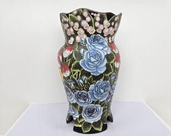 Vaso da fiori dipinto a mano, rose blu, scultura in ceramica coreana