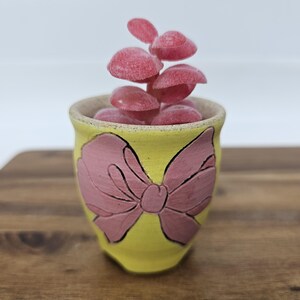 Puede incluir: Una pequeña maceta de cerámica pintada a mano en color amarillo brillante, adornada con un gran diseño de lazo rosa. La maceta contiene un grupo de plantas rojas, similares a las suculentas. La maceta está sobre una superficie de madera.