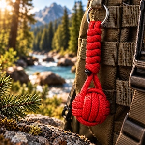 May include: A bright red monkey fist knot keychain made from woven paracord. The knot is attached to a braided cord handle that connects to a silver metal split ring. The keychain is suspended from a dark olive green tactical backpack strap.