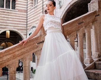 Three-piece wedding dress, wedding separates, bridal separates, tulle wedding gown, white lace top, bridal top // FREYA