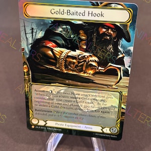 May include: A trading card featuring a pirate with a gold hook and the text "Gold-Baited Hook." The card has a gold and blue color scheme, with additional text describing the card's action and battleworn effects. The card is propped up on a clear stand.