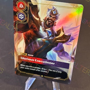 May include: A holographic trading card with a character illustration. The card reads "Glorious Executioner" and includes game instructions. The character is shown wearing a crown and armor, set against a vibrant, colorful background.