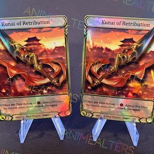 May include: Two holographic trading cards with a gold border and a red and gold kunai weapon with a red ribbon. The text on the card reads "Kunai of Retribution". The card text reads "Once per Turn Action - , destroy this when the combat chain closes: Attack. Go again".