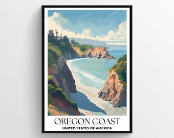 May include: A vintage-style travel poster featuring a scenic view of the Oregon Coast. The poster depicts a rocky coastline with a sandy beach and turquoise water. The text "OREGON COAST" and "UNITED STATES OF AMERICA" is printed in black at the bottom of the poster.
