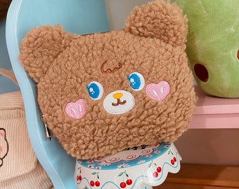 Kawaii Fuzzy Bear Zipper Pouch, Cute Coin Purse