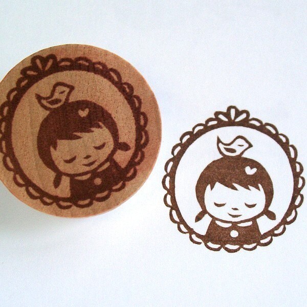 Little Girl on Frame Hand Carved rubber stamp