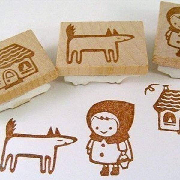 Red Riding Hood Fairy Tale -  hand carved stamp set of 3