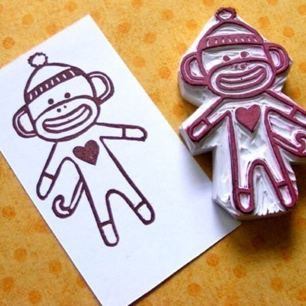Sock Monkey Hand Carved Rubber Stamp