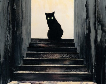 PRINT No Witnesses fine art giclee reproduction of oil painting, black cat dark portrait on stairs