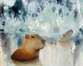 PRINT Capybara Springs fine art giclee reproduction from oil painting portrait, animal nature wildlife hot springs art
