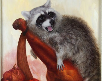 ORIGINAL oil painting Get Your Own Meat! 18x24" framed, fat raccoon on ham leg, sausage, and deli meats