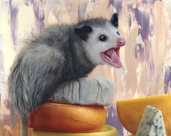 PRINT "Get Your Own Cheese!" fine art giclee reproduction from oil painting, angry opossum hoarding cheese