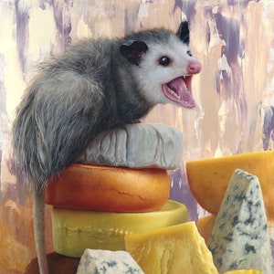 PRINT "Get Your Own Cheese!" fine art giclee reproduction from oil painting, angry opossum hoarding cheese