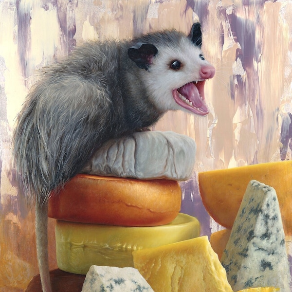 PRINT "Get Your Own Cheese!" fine art giclee reproduction from oil painting, angry opossum hoarding cheese