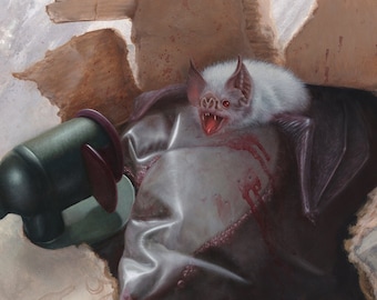 PRINT Get Your Own Wine! fine art giclee reproduction, albino vampire bat on boxed red wine oil painting