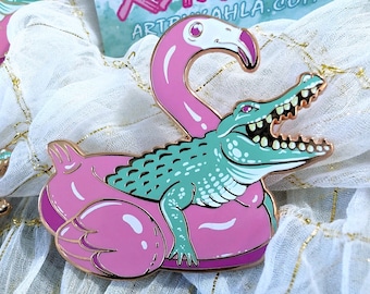 Nature Adapts enamel pin, pool party gator on flamingo floatie, hard enamel and rose gold, 1.75" A and B Grade/Seconds