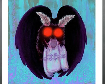 PRINT Mothman Ate My Sweater!, fine art giclee reproduction, painting of cute cryptid monster eating knit winter sweater