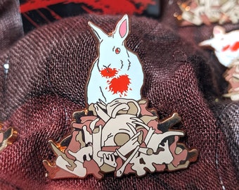 Killer Rabbit enamel pin, bloody white bunny on bones, vampire bun, hard enamel and copper, 1.5" A and B Grade/Seconds