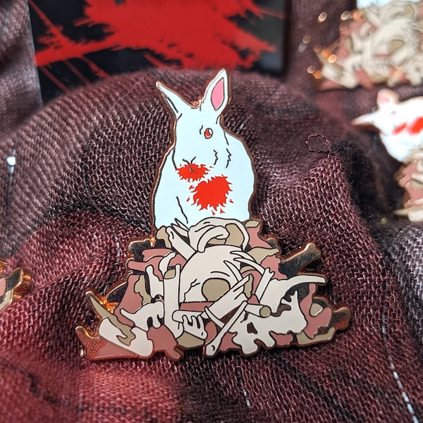 Killer Rabbit enamel pin, bloody white bunny on bones, vampire bun, hard enamel and copper, 1.5" A and B Grade/Seconds