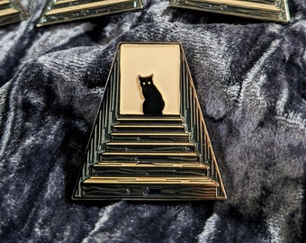 No Witnesses enamel pin, Spooky Black Cat on Stairs soft enamel and black nickel, 1.375" A and B Grade/Seconds