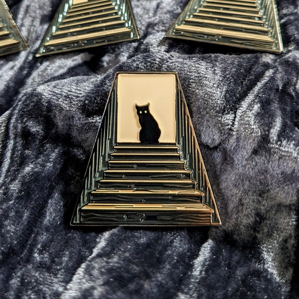 No Witnesses enamel pin, Spooky Black Cat on Stairs soft enamel and black nickel, 1.375" A and B Grade/Seconds