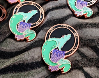 Mermaid Rat 2.0 enamel pin, rat in pipe with mermaid tail in soft enamel and rose gold metal, 1.625" A and B Grade/Seconds