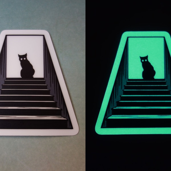 No Witnesses Glow In The Dark Vinyl Sticker, 2.5" matte waterproof sticker, spooky black cat on stairs