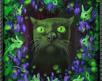 ORIGINAL oil painting Nip Trip, 16x20" framed, black cat hallucinating on catnip with long eared jerboas