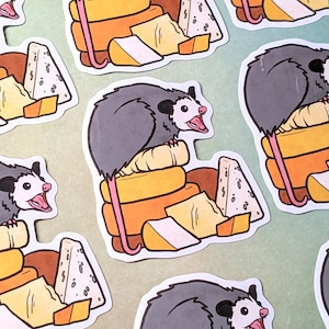 Cheese Opossum Sticker, 3" glossy waterproof vinyl, funny opossum hoarding a pile of cheeses