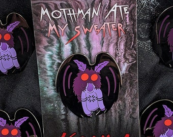 Mothman Ate My Sweater enamel pin, cryptid monster hard enamel and black nickel, 1.375" A and B Grade/Seconds