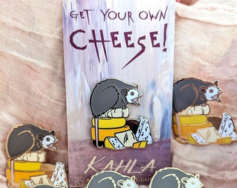 Get Your Own Cheese! enamel pin, angry opossum hoarding cheeses, hard enamel and gold, 1.375" A and B Grade/Seconds