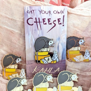 Get Your Own Cheese! enamel pin, angry opossum hoarding cheeses, hard enamel and gold, 1.375" A and B Grade/Seconds