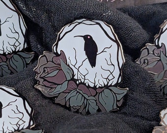 Dark Hummingbird enamel pin, black bird & roses hard enamel and black nickel, 1.5" A and B Grade/Seconds