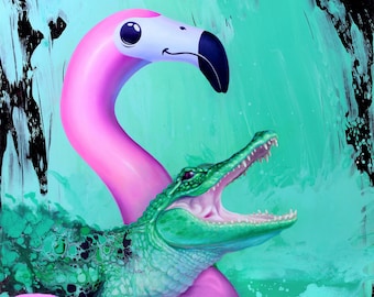 PRINT Nature Adapts, Giclee Reproduction from oil painting, pool party gator on flamingo floatie