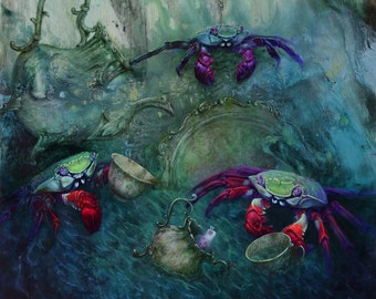 ORIGINAL oil painting Finders Keepers 18" framed, crab party with sunken ship tea set, underwater ocean art