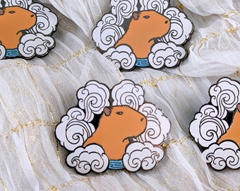 Capybara Springs enamel pin, capy in hot springs hard enamel and black nickel, 1.5" A and B Grade/Seconds