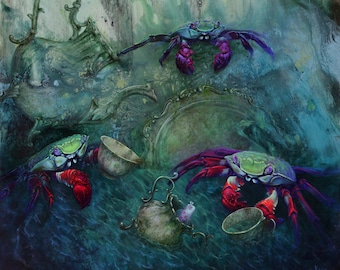 PRINT Finders Keepers, fine art giclee reproduction, crab tea party, sunken ship ocean art