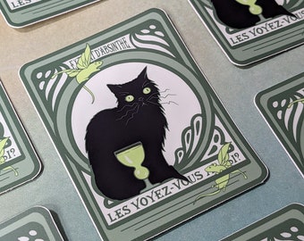 Absinthe Cat  3" Vinyl Sticker, black cat with absinthe and green fairy rats