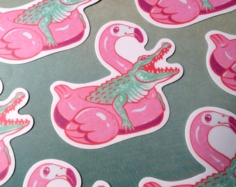 Pool Party Gator Sticker, 3" matte waterproof vinyl, funny gator on a flamingo floatie