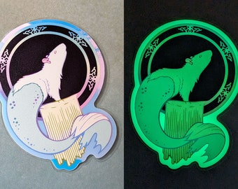 Rat Mermaid Holo Glow In The Dark Vinyl Sticker, 3" waterproof