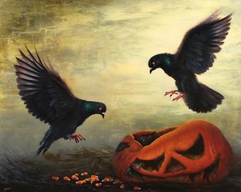 PRINT November 3rd 16x20" fine art giclee reproduction, pigeons, candy corn, and old jack-o-lantern after Halloween