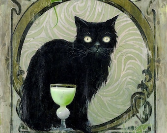 May include: A rectangular print featuring a black cat with wide eyes sitting beside a glass of light green absinthe. The background includes a circular frame, two green winged mice, and the text "EXTRAIT D'ABSINTHE" and "LES VOYEZ-VOUS AUSSI?"