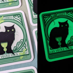 Glow In The Dark Absinthe Cat  3" Vinyl Sticker, black cat with absinthe and green fairy rats